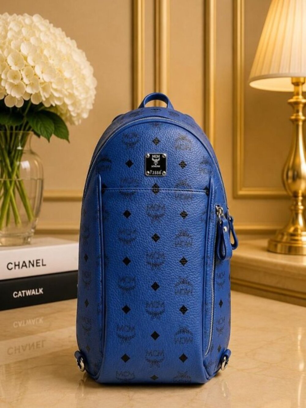 Authentic MCM Stark Blue Visetos Leather Backpack Unisex Designer Bag